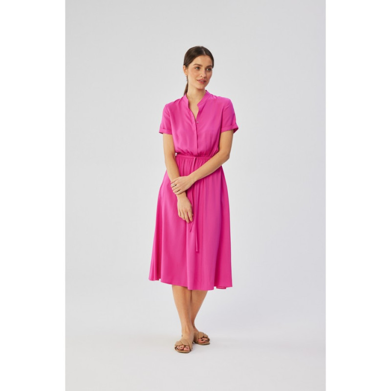 S366 Sukienka ze stójką i wiązaniem w pasie - liliowa