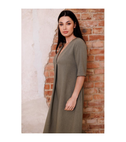 B280 Sukienka trapezowa z dekoltem V - oliwkowa