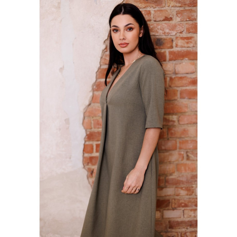 B280 Sukienka trapezowa z dekoltem V - oliwkowa