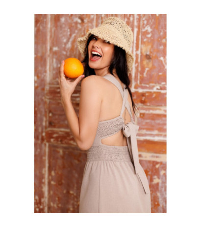 B281 Sukienka z gumowanym paskiem i wiązaniem na plecach - beżowa