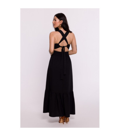 B281 Sukienka z gumowanym paskiem i wiązaniem na plecach - czarna