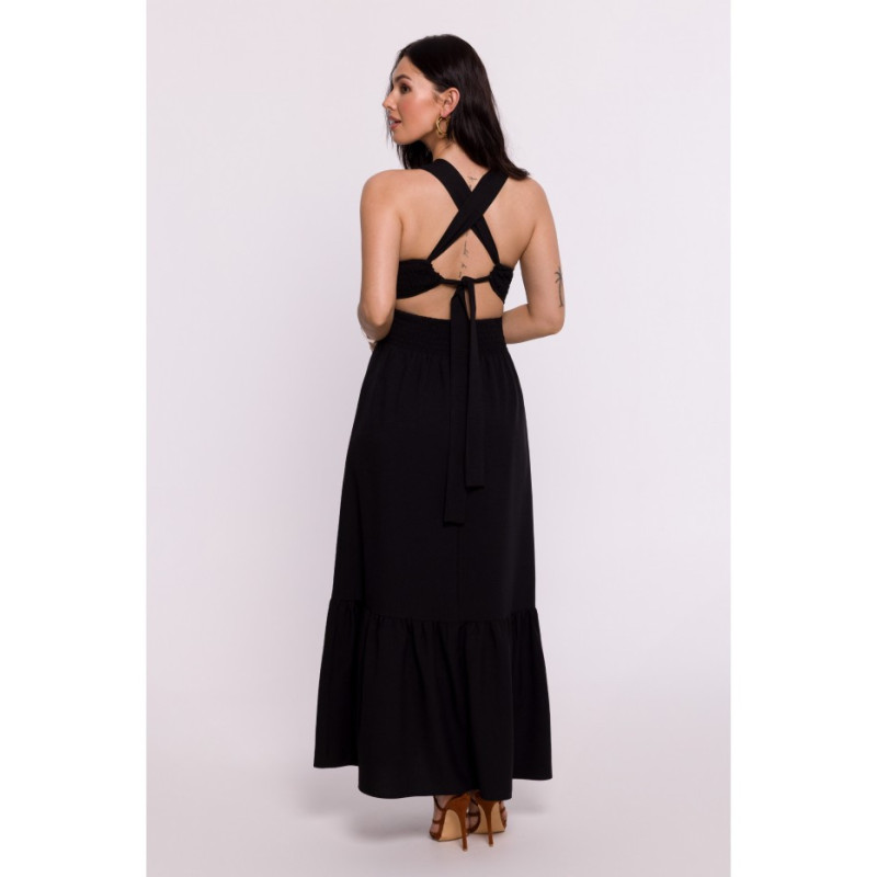 B281 Sukienka z gumowanym paskiem i wiązaniem na plecach - czarna