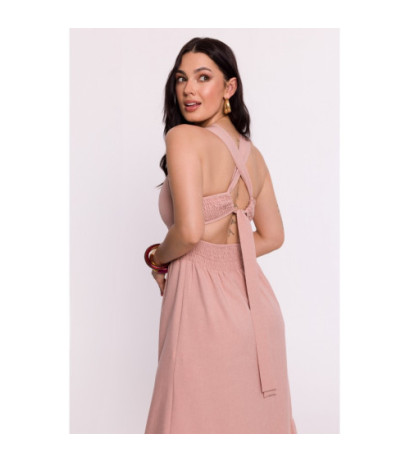 B281 Sukienka z gumowanym paskiem i wiązaniem na plecach - różowa