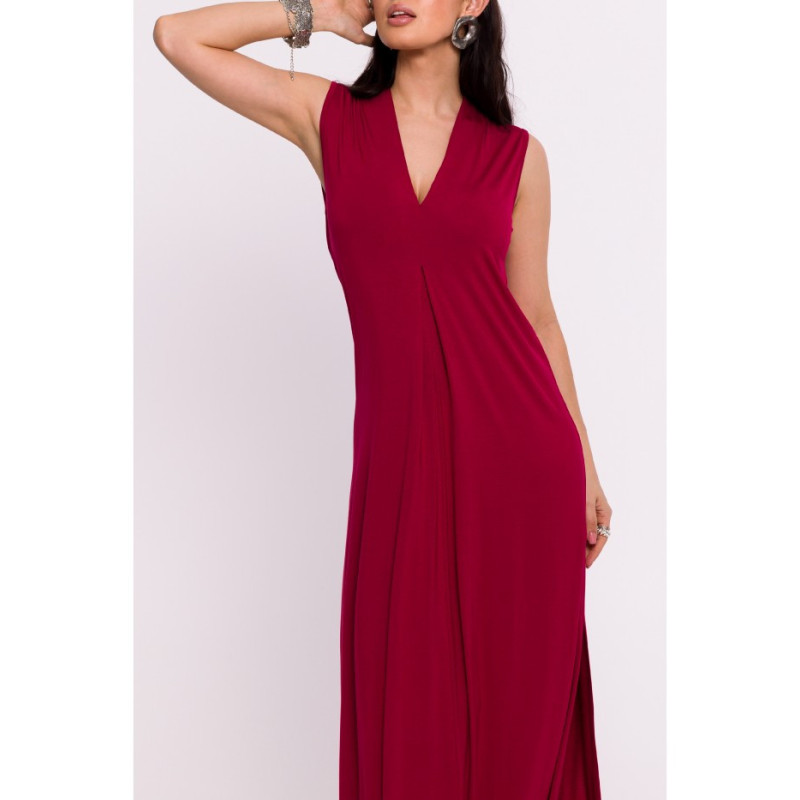 B284 Sukienka wiskozowa maxi z zakładką - bordowa
