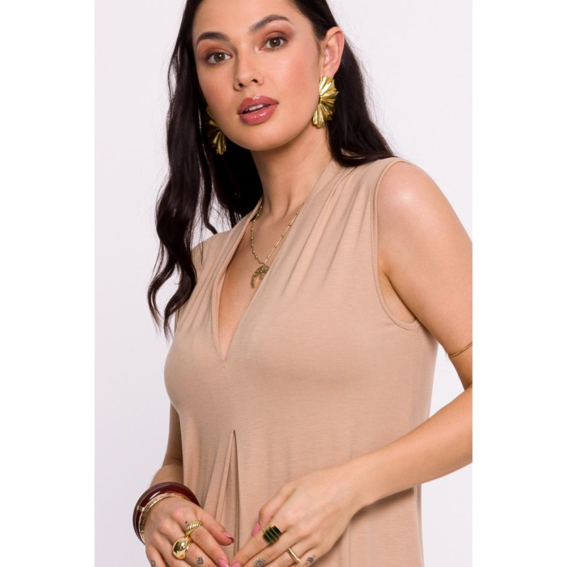 B284 Sukienka wiskozowa maxi z zakładką - cappuccino
