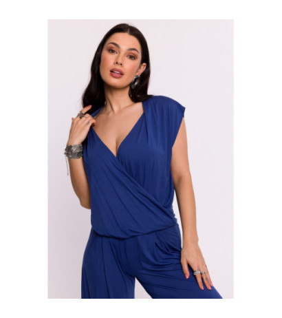 B288 Bluzka wiskozowa na zakładkę - niebieska