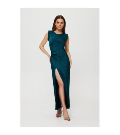 K186 Metaliczna sukienka maxi z poduszkami i marszczeniem - morska