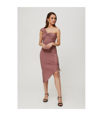 K187 Metaliczna sukienka ściągana na boku - pudrowa