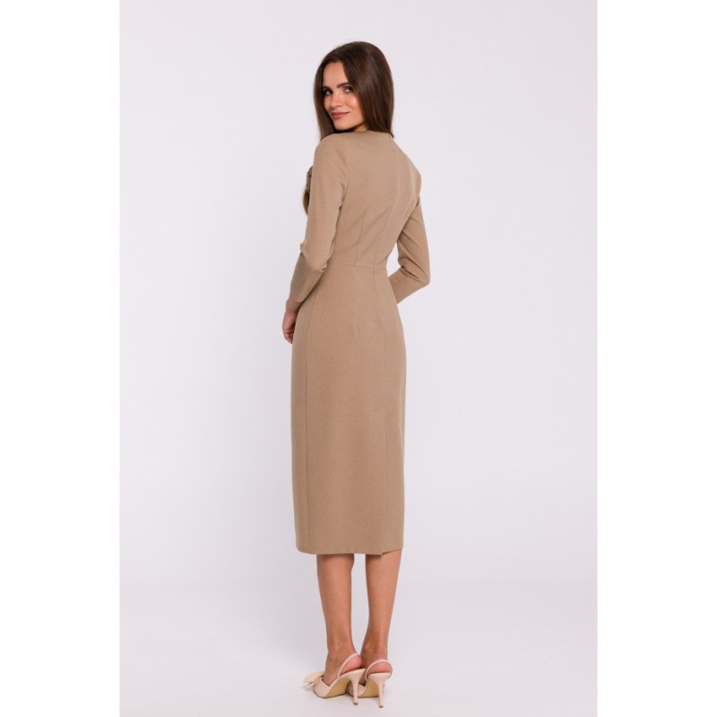 S372 Sukienka midi z kwiatkiem - beżowa