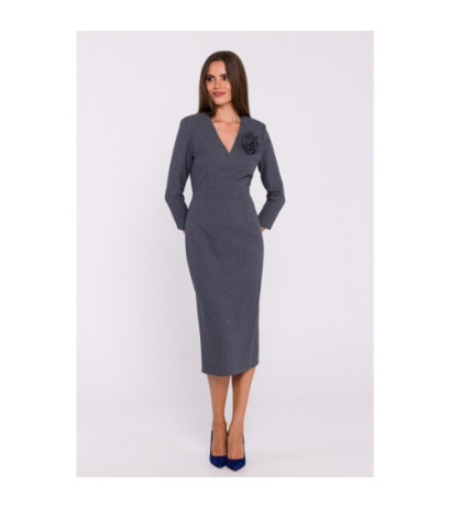 S372 Sukienka midi z kwiatkiem - szara