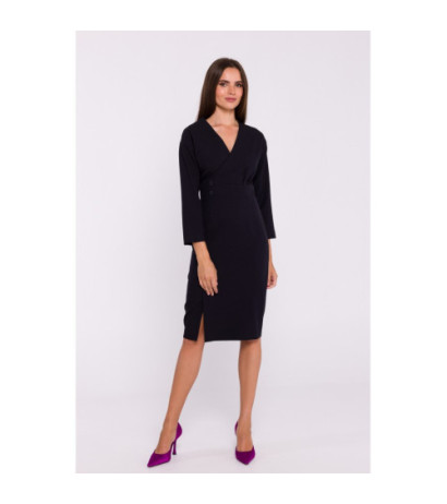 S374 Sukienka z podkreśloną talią i ozdobnymi guzikami - czarna