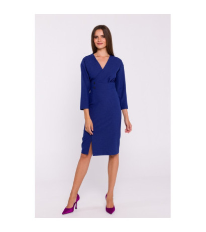 S374 Sukienka z podkreśloną talią i ozdobnymi guzikami - niebieska