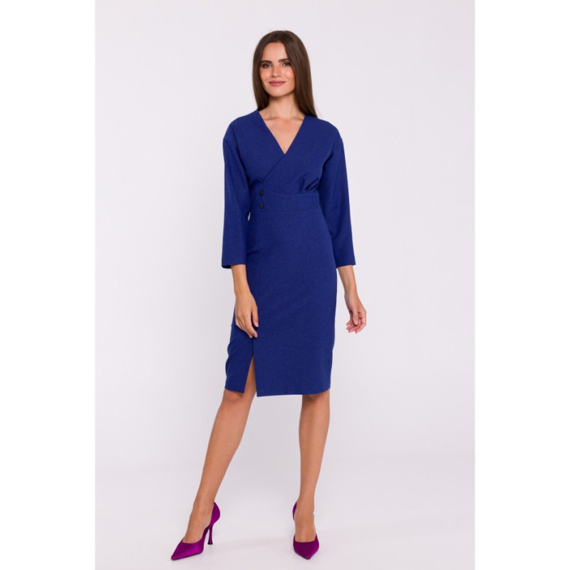 S374 Sukienka z podkreśloną talią i ozdobnymi guzikami - niebieska