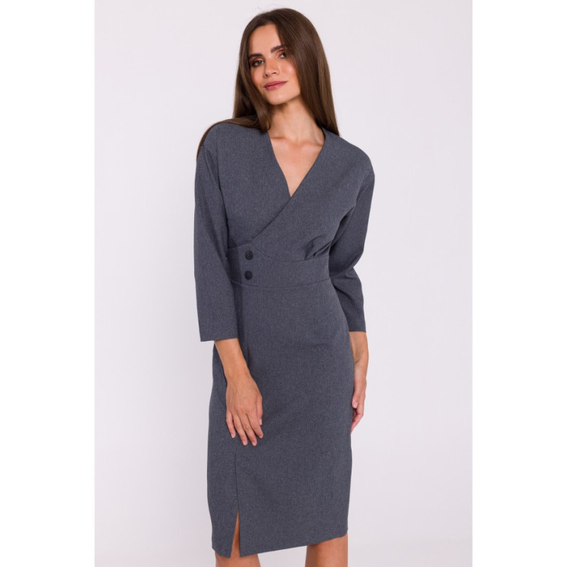 S374 Sukienka z podkreśloną talią i ozdobnymi guzikami - szara
