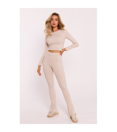 M816 Prążkowane legginsy z rozcięciami - piaskowe