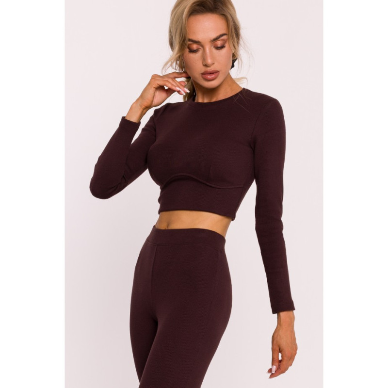 M817 Prążkowana bluzka z gorsetowym przeszyciem - brązowa