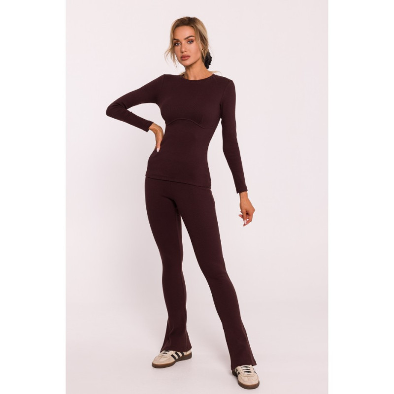 M817 Prążkowana bluzka z gorsetowym przeszyciem - brązowa