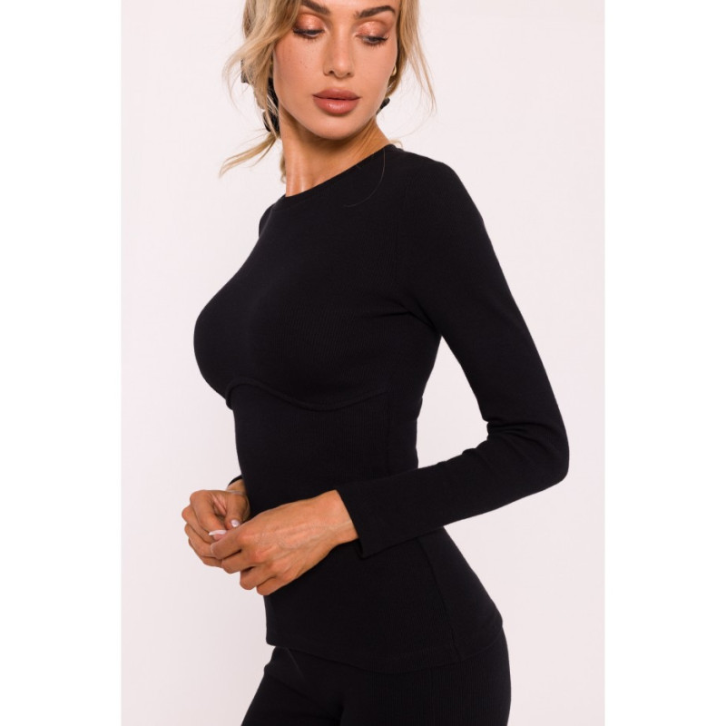 M817 Prążkowana bluzka z gorsetowym przeszyciem - czarna