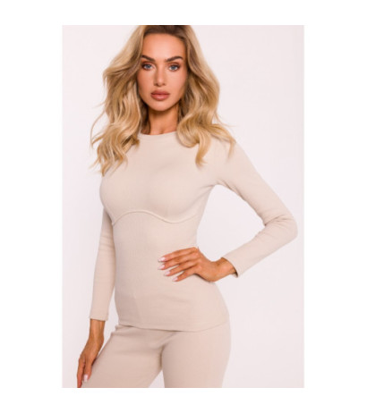 M817 Prążkowana bluzka z gorsetowym przeszyciem - piaskowa