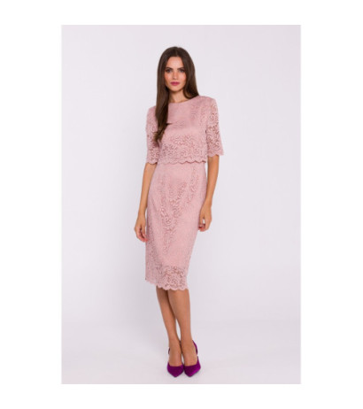 S379 Koronkowa sukienka z podwójną górą - pudrowa