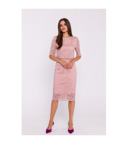 S379 Koronkowa sukienka z podwójną górą - pudrowa