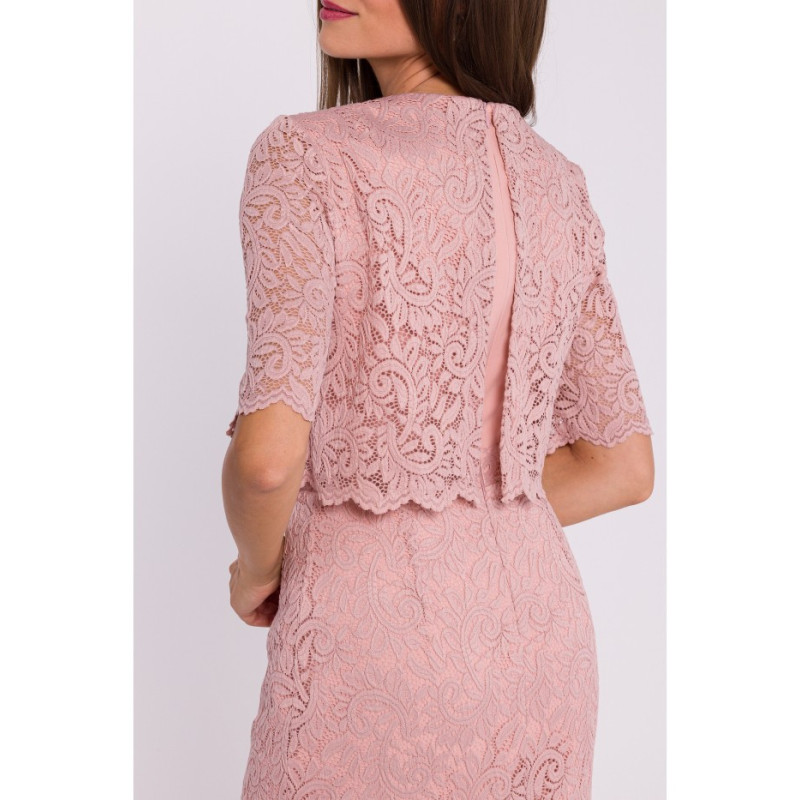 S379 Koronkowa sukienka z podwójną górą - pudrowa