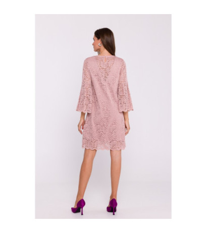 S380 Koronkowa sukienka trapez - pudrowa