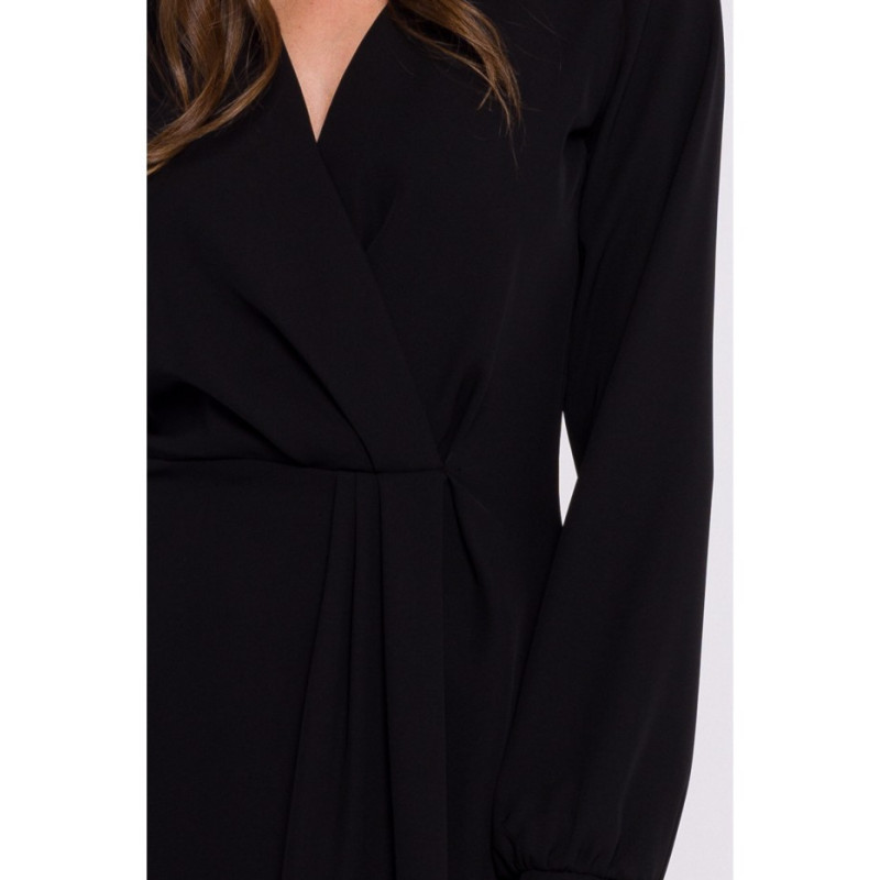 S384 Sukienka z ozdobnymi zakładkami na przodzie - czarna