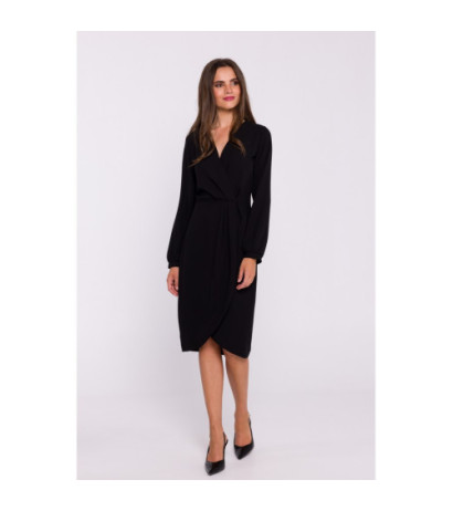 S384 Sukienka z ozdobnymi zakładkami na przodzie - czarna