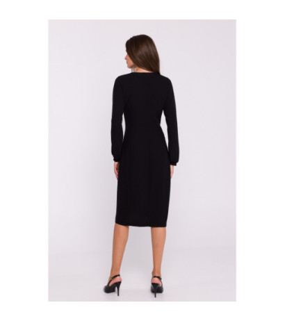 S384 Sukienka z ozdobnymi zakładkami na przodzie - czarna