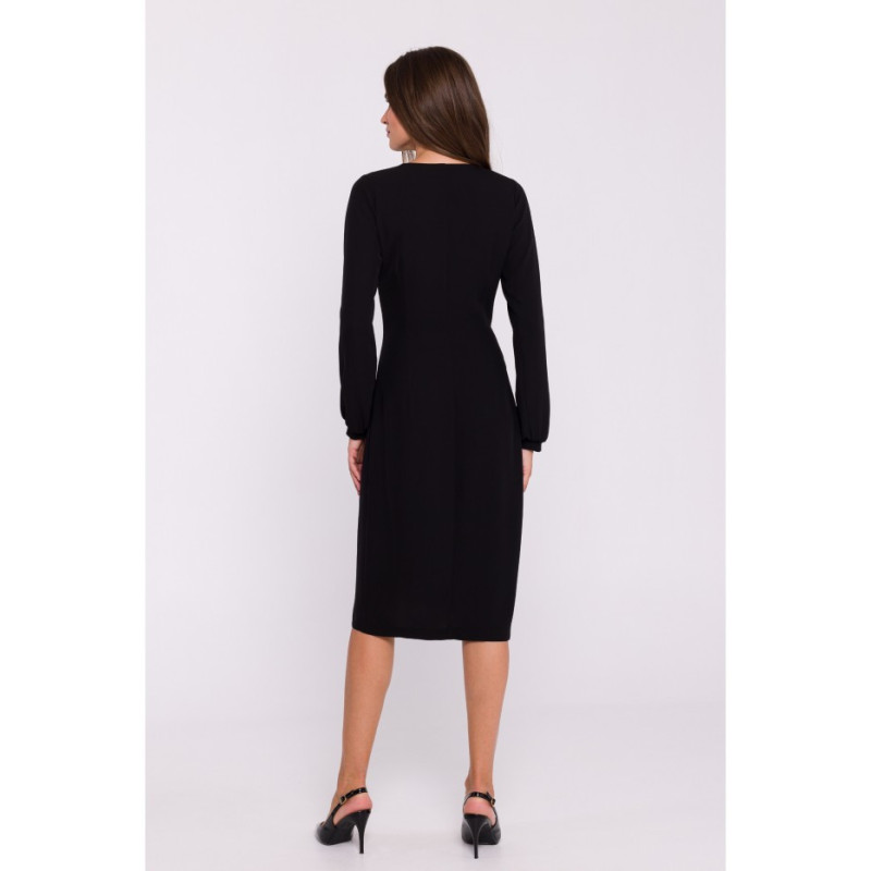 S384 Sukienka z ozdobnymi zakładkami na przodzie - czarna