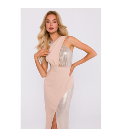 M835 Sukienka z łączonych materiałów - beżowa