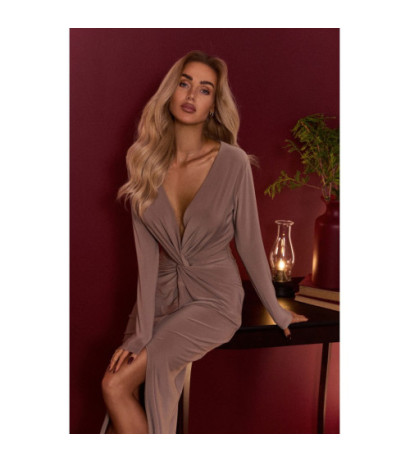 M840 Suknia z elastycznej dzianiny z przeplotem - beżowa