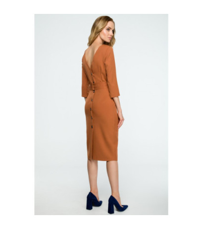 S119 Gładka sukienka ołówkowa z paskiem - ruda