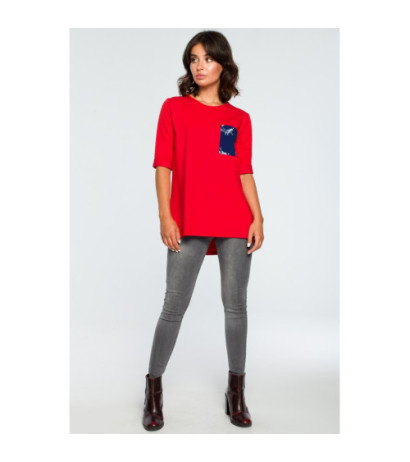 B095 Bluzka ze wstawkami w kwiaty - czerwona