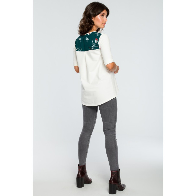 B095 Bluzka ze wstawkami w kwiaty - ecru
