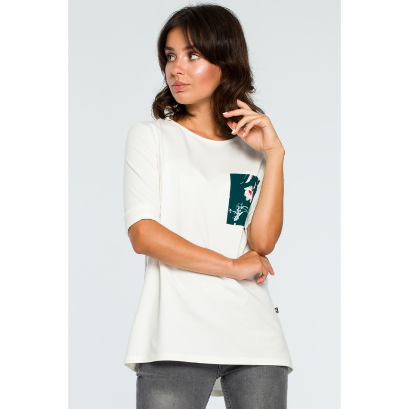 B095 Bluzka ze wstawkami w kwiaty - ecru