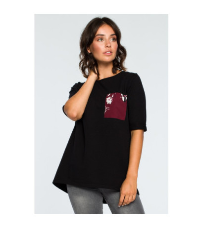 B095 Bluzka ze wstawkami w kwiaty - czarna