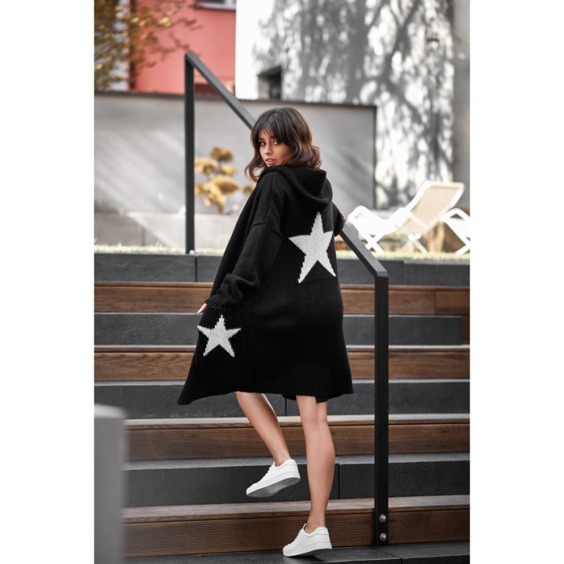 BK013 Niezapinany kardigan w gwiazdy - czarny