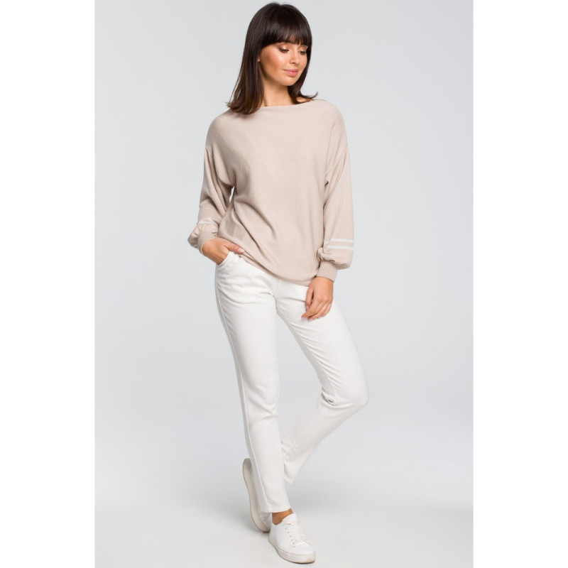 BK024 Sweter z szerokimi rękawami i lampasem - beżowy
