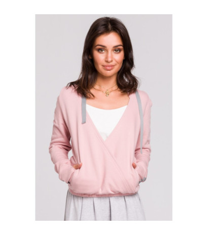 B127 Bluza z kapturem i przodem na zakładkę - pudrowa