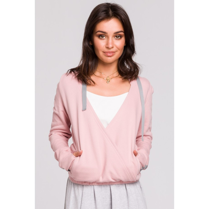 B127 Bluza z kapturem i przodem na zakładkę - pudrowa