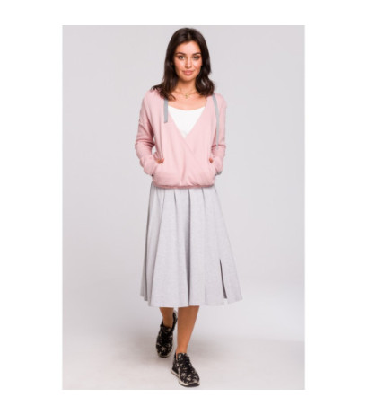 B127 Bluza z kapturem i przodem na zakładkę - pudrowa