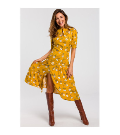 S177 Sukienka midi w kwiaty z pęknięciem w dekolcie - model 1