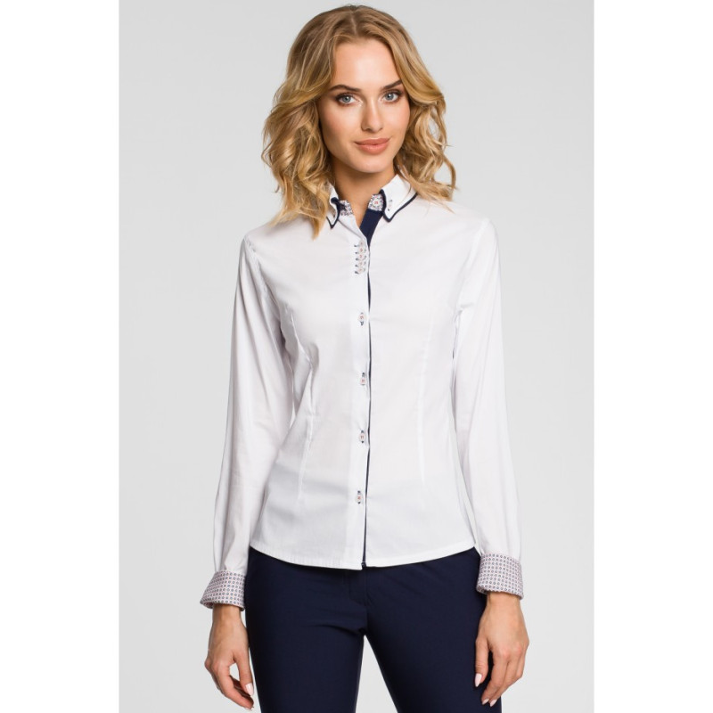 M067 Koszula damska z podwójnym kołnierzykiem - biała