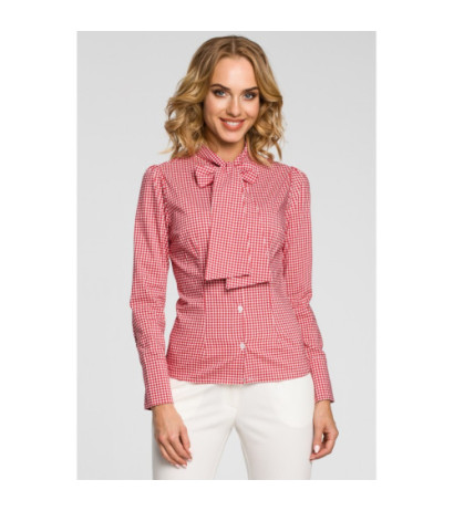 M089 Oryginalna koszula w kratkę z kokardą i długim rękawem - czerwona