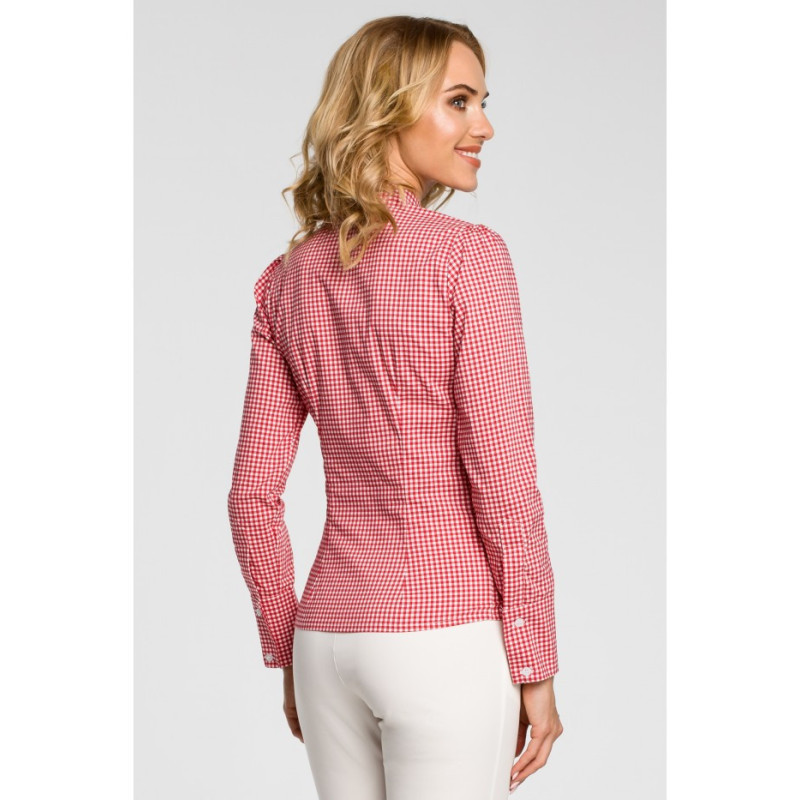 M089 Oryginalna koszula w kratkę z kokardą i długim rękawem - czerwona