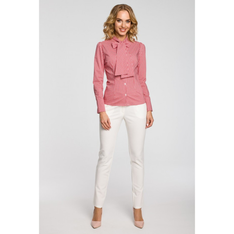 M089 Oryginalna koszula w kratkę z kokardą i długim rękawem - czerwona