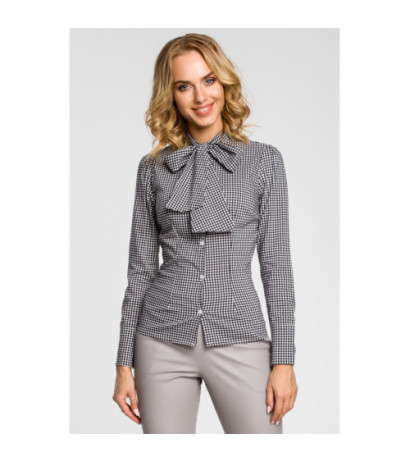 M089 Oryginalna koszula w kratkę z kokardą i długim rękawem - czarna