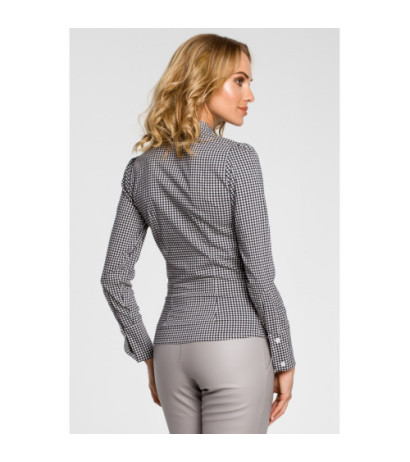 M089 Oryginalna koszula w kratkę z kokardą i długim rękawem - czarna